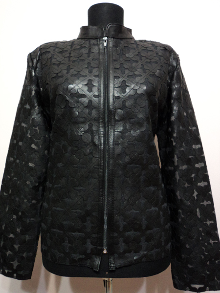 Black Leather Leaf Jacket for Women Design 06 Genuine Short Zip Up Light Lightweight [ Click to See Photos ]