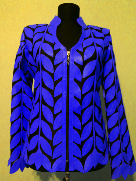 Blue Leather Leaf Jacket Women Design Genuine Short Zip Up Light Lightweight