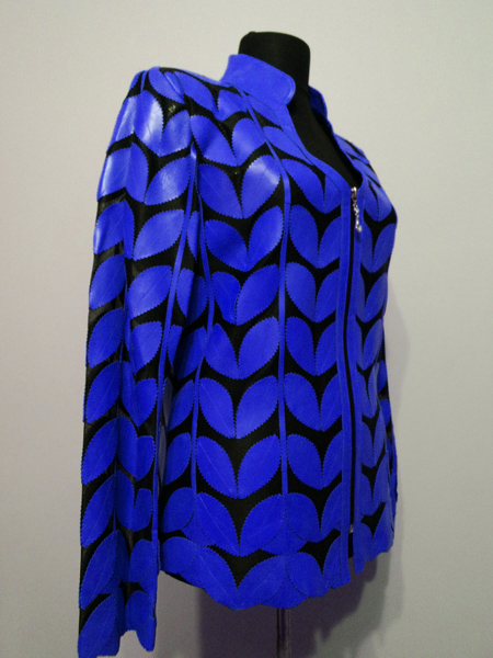 Blue Leather Leaf Jacket for Women V Neck Design 09 Genuine Short Zip Up Light Lightweight