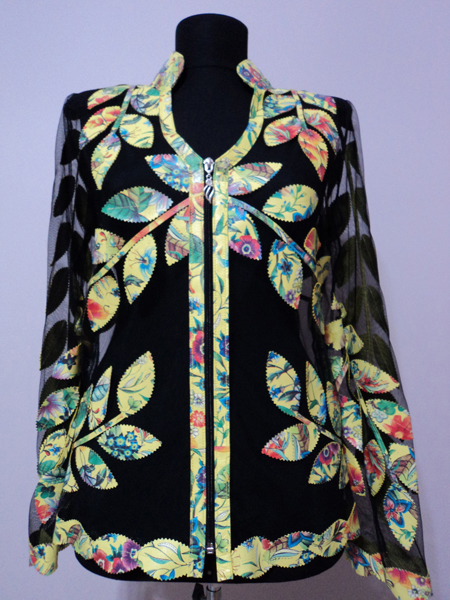 Flower Pattern 1 Yellow Leather Leaf Jacket for Women V Neck Design 10 Genuine Short Zip Up Light Lightweight