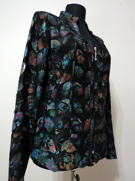 Flower Pattern Black Leather Leaf Jacket for Women V Neck Design 09 Genuine Short Zip Up Light Lightweight