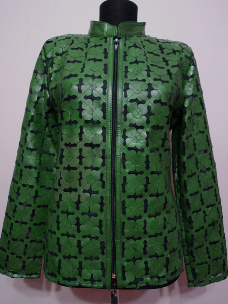 Green Leather Leaf Jacket for Women Design 06 Genuine Short Zip Up Light Lightweight