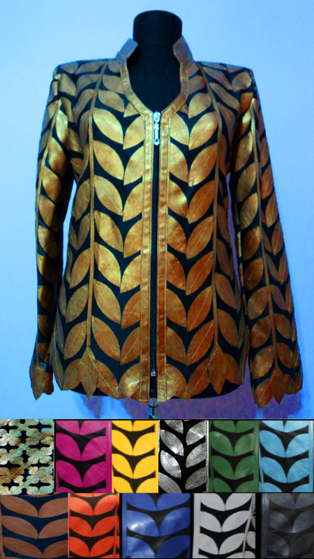 Patchwork Leather Leaf Jacket for Women V Neck Design 08 Genuine Short Zip Up Light Lightweight [ Click to See Photos ]