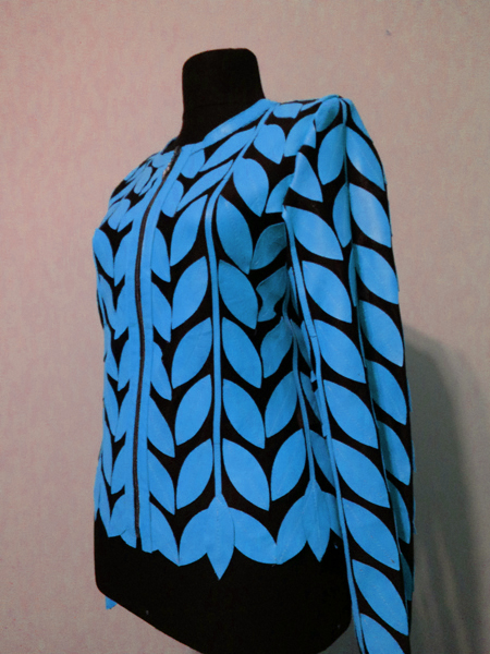 Light Blue Leather Leaf Jacket for Women Round Neck Design 11 Genuine Short Zip Up Light Lightweight