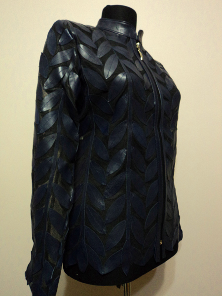 Navy Blue Leather Leaf Jacket for Women Design 04 Genuine Short Handmade Lightweight Meshed [ Click to See Photos ]