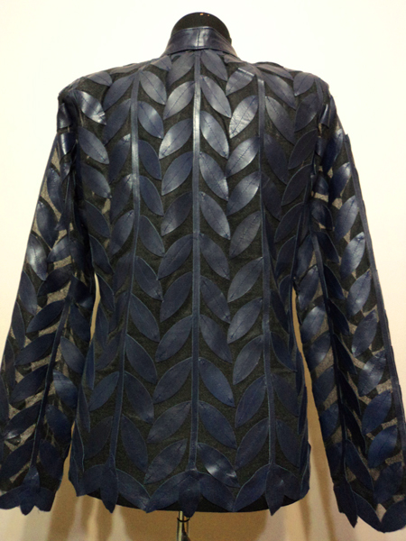 Navy Blue Leather Leaf Jacket for Women Design 04 Genuine Short Handmade Lightweight Meshed [ Click to See Photos ]