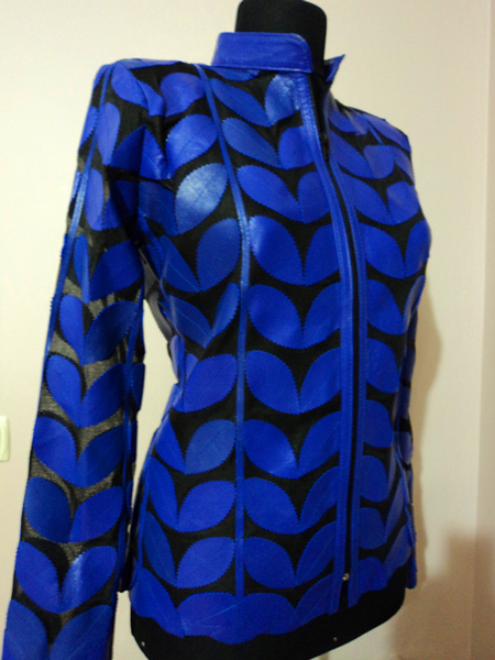 Plus Size Blue Leather Leaf Jacket Women Design Genuine Short Zip Up Light Lightweight