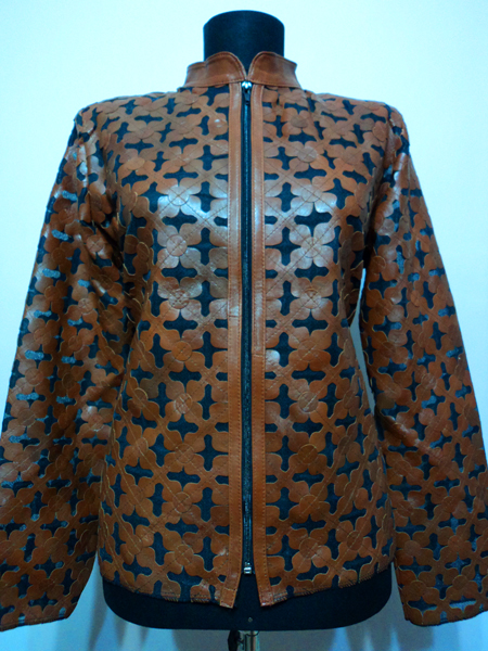 Plus Size Brown Leather Leaf Jacket for Women Design 06 Genuine Short Zip Up Light Lightweight