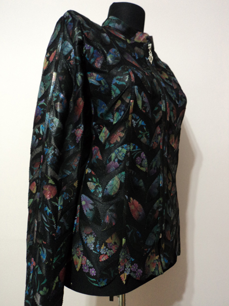 Plus Size Flower Pattern Black Leather Leaf Jacket for Women Design 04 Genuine Short Zip Up Light Lightweight