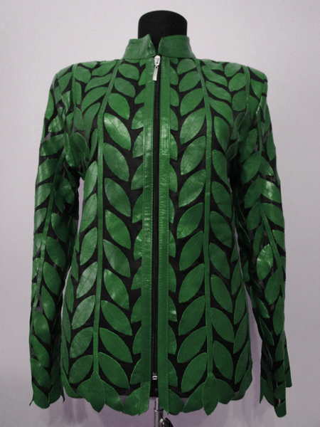 Plus Size Green Leather Leaf Jacket for Women Design 04 Genuine Short Zip Up Light Lightweight [ Click to See Photos ]