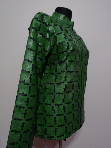 Plus Size Green Leather Leaf Jacket for Women Design 06 Genuine Short Zip Up Light Lightweight