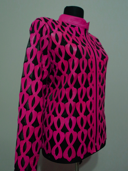Plus Size Pink Leather Leaf Jacket for Women Design 05 Genuine Short Zip Up Light Lightweight