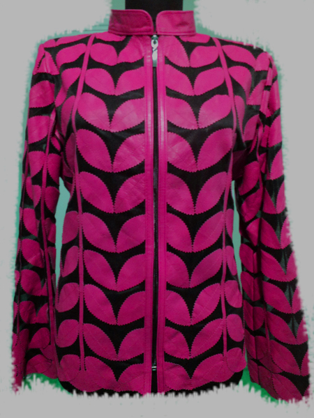 Plus Size Pink Leather Leaf Jacket Women Design Genuine Short Zip Up Light Lightweight