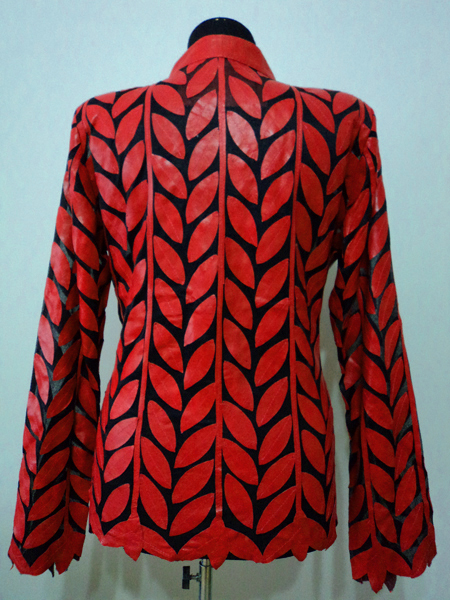 Plus Size Red Leather Leaf Jacket for Women Design 04 Genuine Short Zip Up Light Lightweight