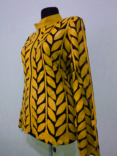 Plus Size Yellow Leather Leaf Jacket for Women Design 04 Genuine Short Zip Up Light Lightweight