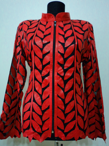 Red Leather Leaf Jacket for Women Design 04 Genuine Short Handmade Lightweight Meshed [ Click to See Photos ]
