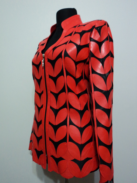 Red Leather Leaf Jacket for Women V Neck Design 09 Genuine Short Zip Up Light Lightweight