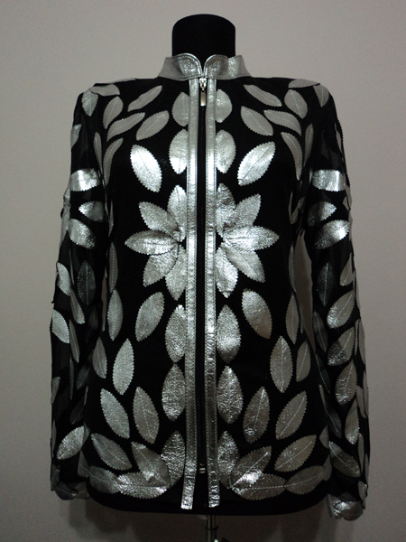 Silver Gray Leather Leaf Jacket for Women