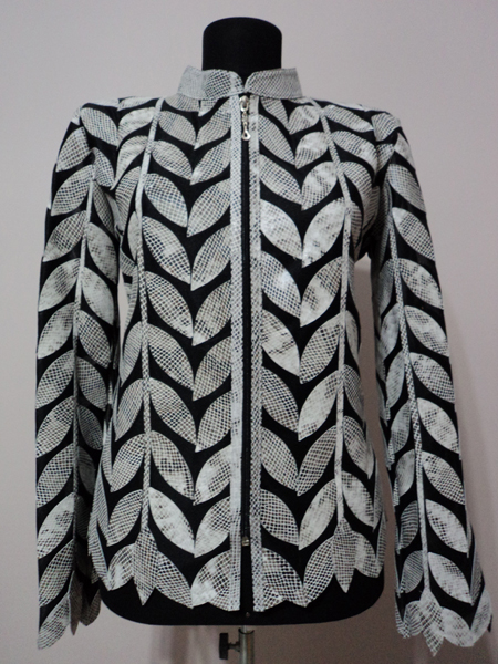 White snake Pattern Patchwork Leather Leaf Jacket for Women Design 04 Genuine Short Zip Up Light Lightweight