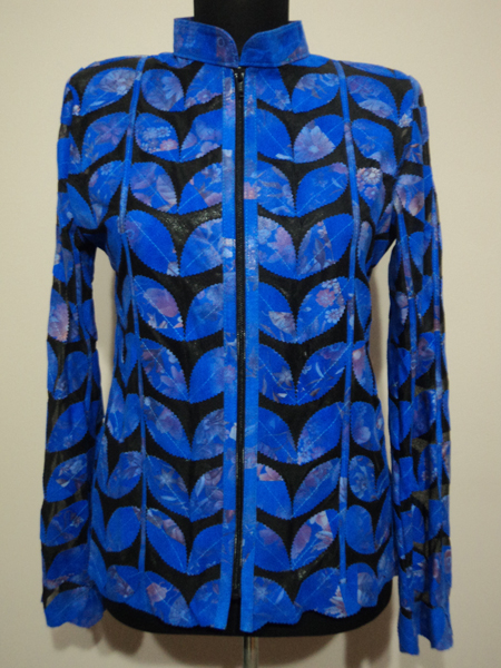 Flower Pattern Blue Leather Leaf Jacket for Women