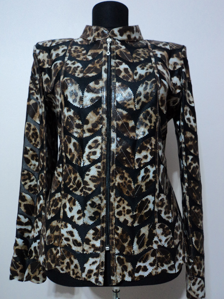 Plus Size Leopard Pattern Black Leather Leaf Jacket for Women