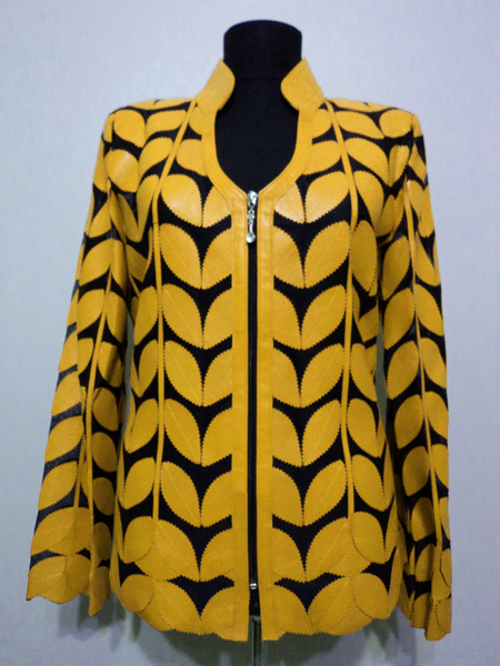 Yellow Leather Leaf Jacket for Women V Neck Design 09 Genuine Short Zip Up Light Lightweight